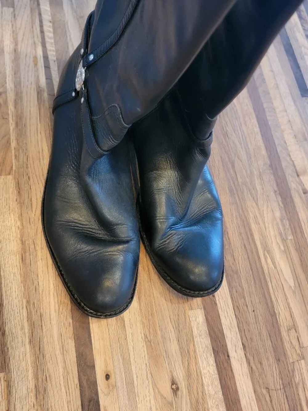 Coach Mulan Black Leather Extended Calf Low Heel Harness Boots MSRP $298